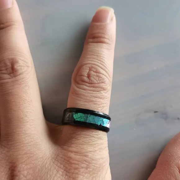 Handsome Hypoallergenic Inlaid Abalone Shell Beveled Stainless Steel Ring Sz 10 - Picture 3 of 3